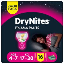 Huggies DryNites Pyjama Pants, 4-7 years, Bed Wetting Diaper, Girls, 17-30 kg, Value Pack, 16 Pants