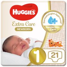 Huggies Extra Care Newborn, Size 1, Up to 5 kg, Carry Pack, 21 Diapers