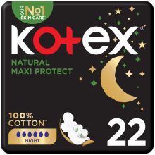 Kotex Natural Maxi Protect Thick Pads, 100% Cotton Pad, Overnight Protection Sanitary Pads with Wings, 22 Sanitary Pads