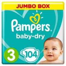حفاضات بامبرز Baby Dry، مقاس 3، متوسط، 6-10 كلغ، الصندوق الجامبو، 104 حفاضاً