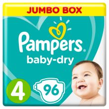 حفاضات بامبرز Baby Dry، مقاس 4، كبير، 9-14 كلغ، الصندوق الجامبو، 96 حفاضاً