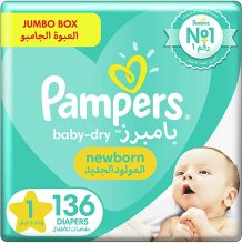 Pampers Baby-Dry, Size 1, Newborn, 2-5 kg, Jumbo Box, 136 Diapers