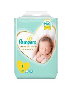Pampers Premium Care, Size 1, Newborn, 2-5 kg, Super Saver Pack, 136 Diapers